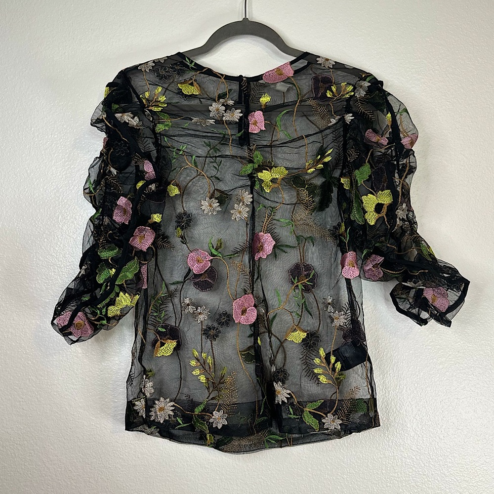 H&M | Sheer Floral Embroidered Ruched Blouse 3/4 Sleeve Top
